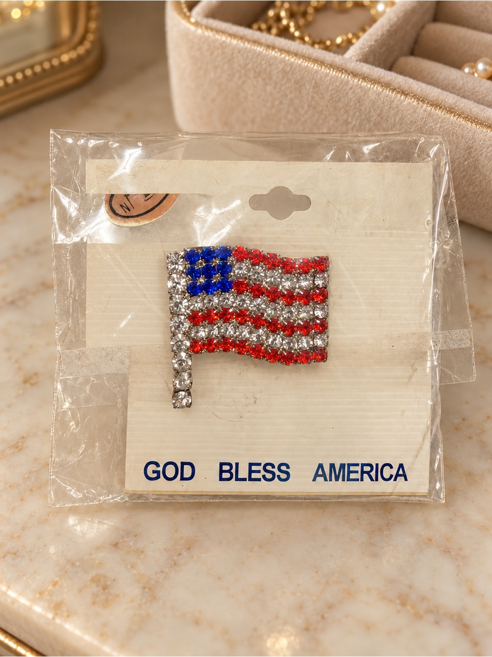 Vintage "God Bless America" Waving Flag Rhinestone Brooch Pin (NIP)